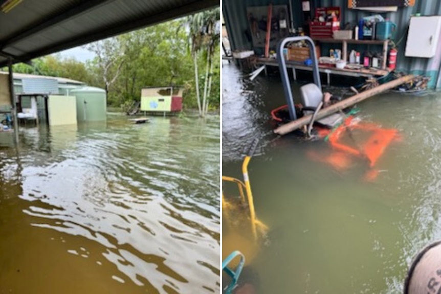 Two photos side by side show brown water on the left high up on a shed, and on the right submerging an orange ride on mower