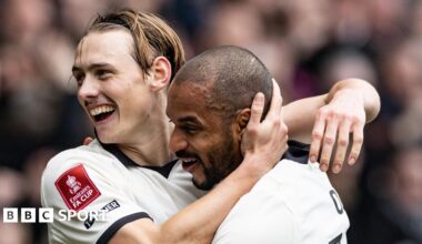 Ben Waine celebrates with Funso Ojo