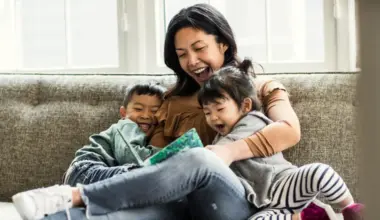 Mother reading to kids on couch