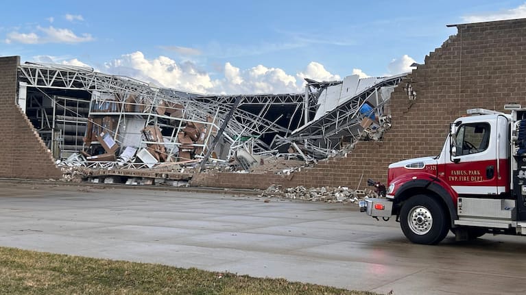 Damage is seen at the Menard's store after a severe storm in Three Rivers, Michigan.