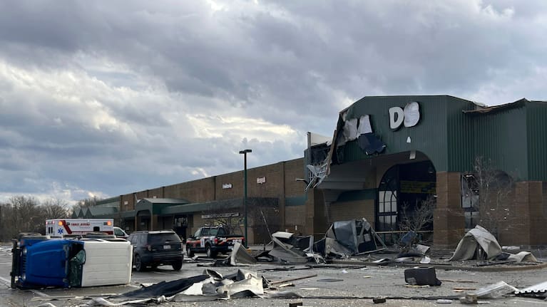 Damage is seen at the Menard's store after a severe storm in Three Rivers, Michigan.