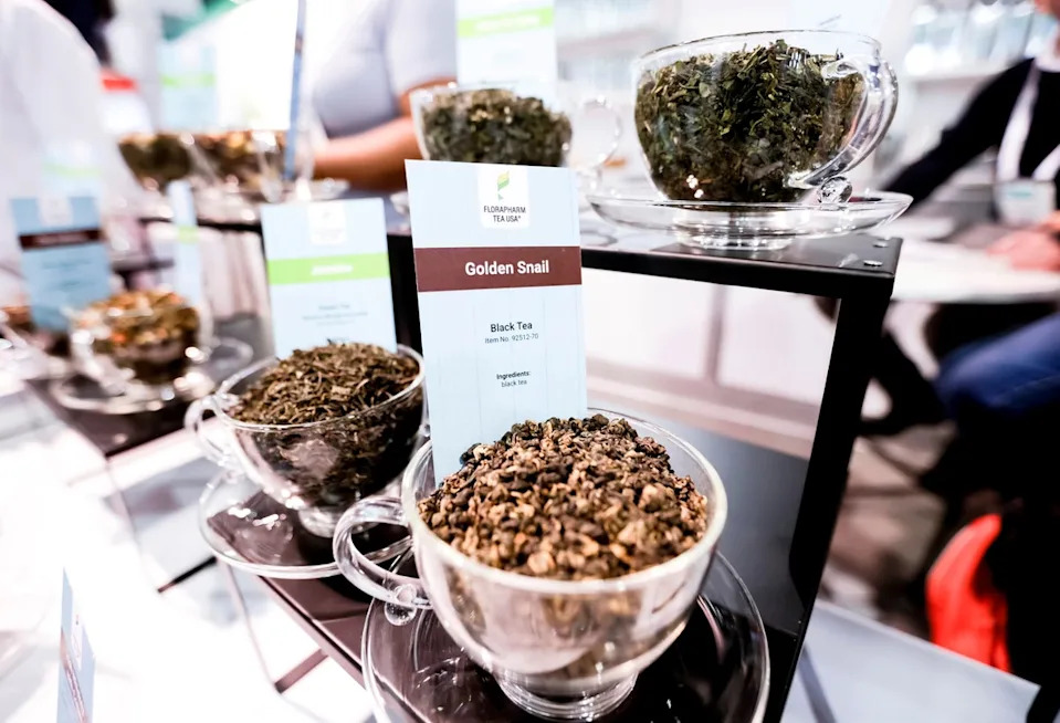 Tea leaves are displayed at a convention center in Las Vegas, Nevada, in March 2023. The amino acid L-theanine is found in green and black tea leaves (Getty Images for Nightclub & Bar)