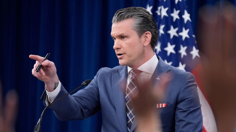 Defence Secretary Pete Hegseth speaks to members of the media during a press briefing at the Pentagon in Washington.