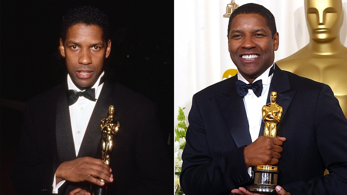 A split of Denzel Washington with his two Oscar statuettes.