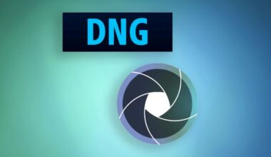 A digital graphic showing the letters "DNG" in bold blue font above a stylized camera shutter icon on a blue-green gradient background.