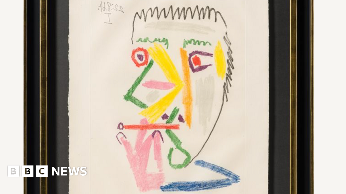 Multi-coloured abstract work by Pablo Picasso showing a face with a red cigarette propped to its mouth.