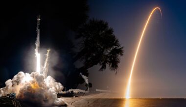 a montage of two photographs showing nighttime rocket launches, including a time lapse exposure