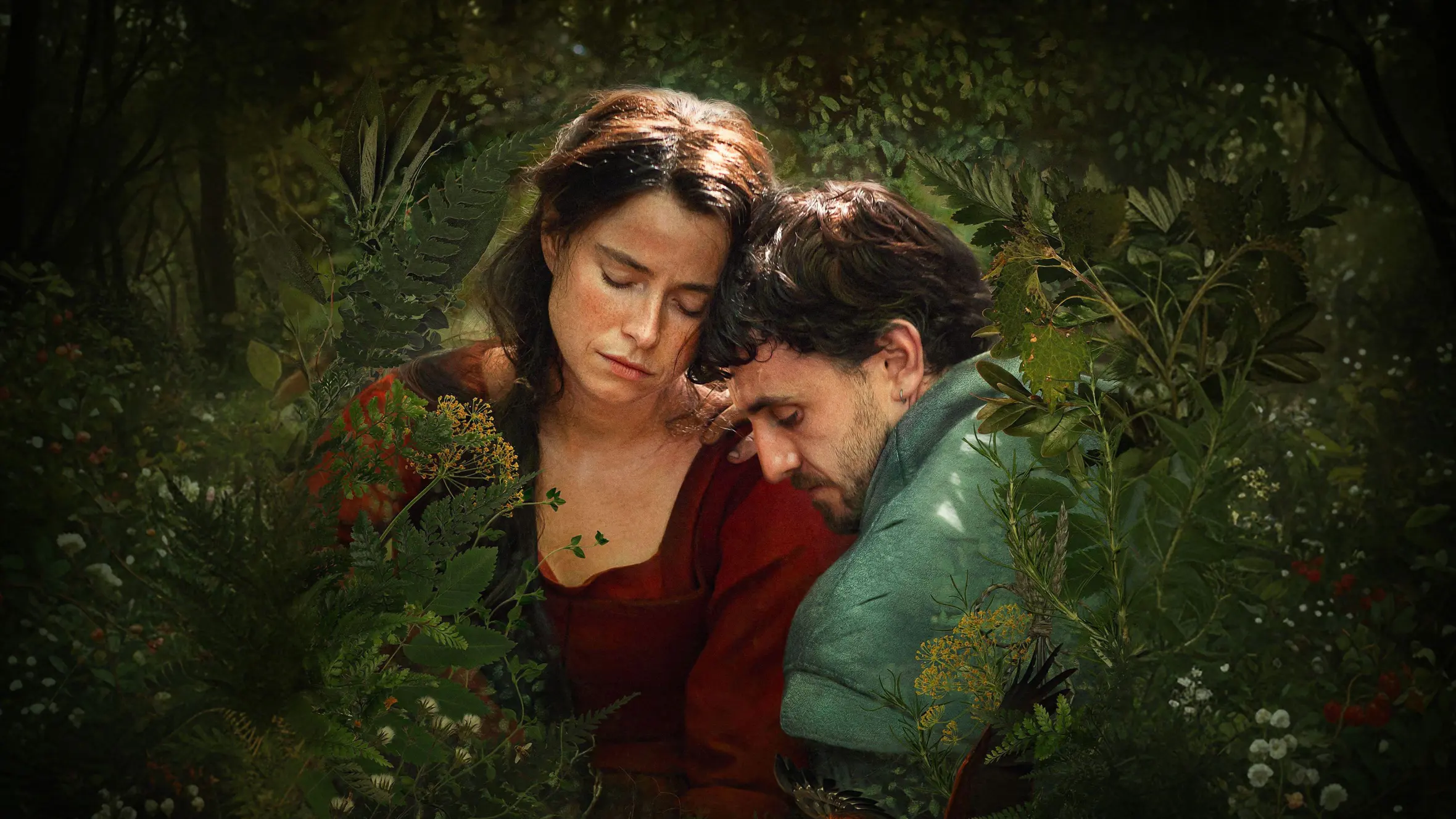 Jessie Buckley and Paul Mescal embracing, surrounded by foliage.