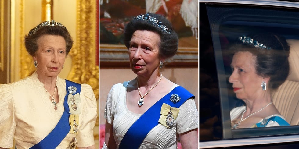Photos of a formal figure in royal attire with a tiara and sash.