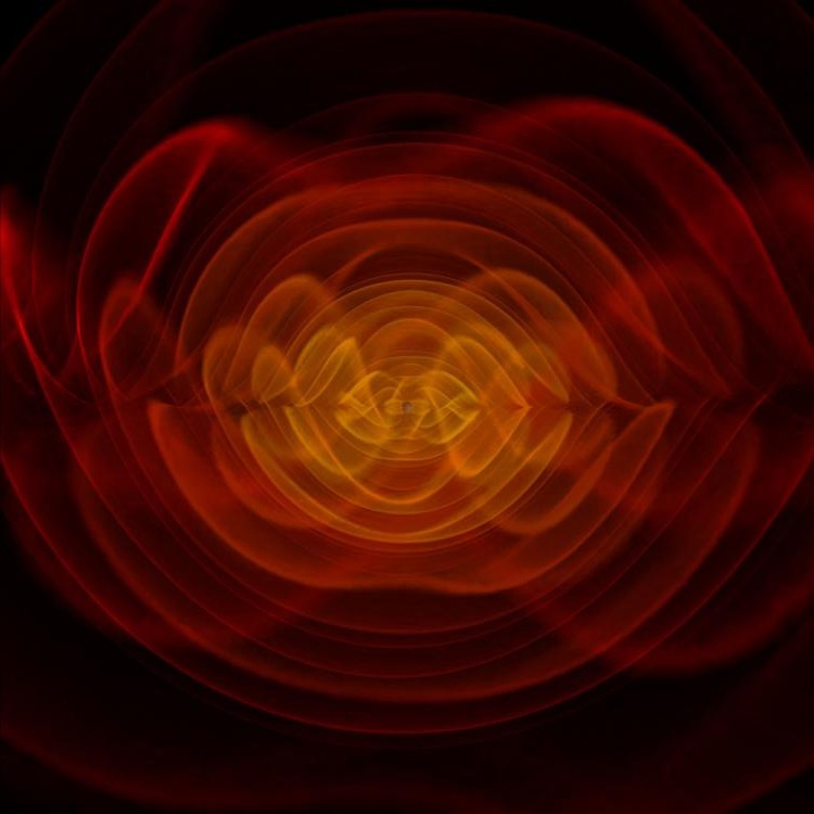 A series of orange, red, and yellow wavy lines and circles against a black background