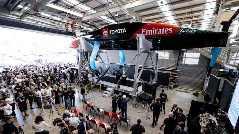 Emirates Team New Zealand relaunching AC75 named Taihoro on March 09, 2026 in Auckland, New Zealand. The event was held at the Team NZ base.