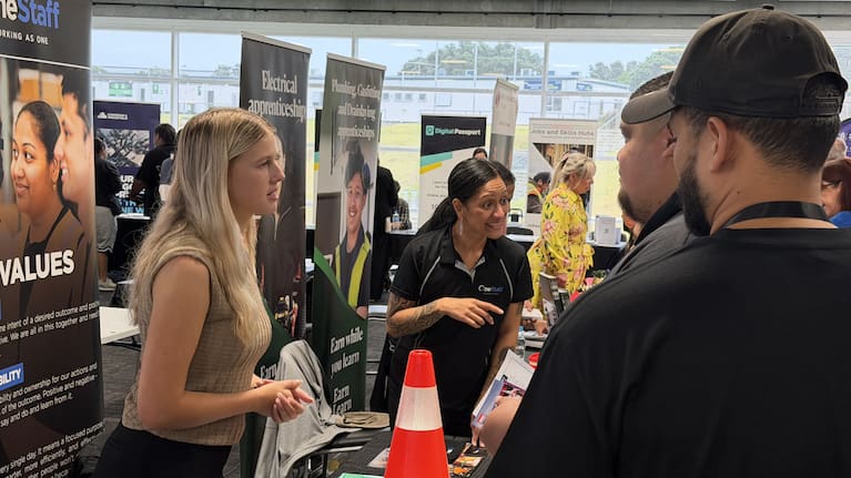 Employers seeking candidates at a job fair at Auckland's Go Media Stadium.