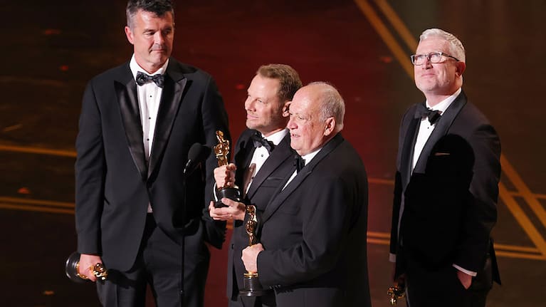 Eric Saindon, Richard Baneham, Joe Letteri, and Daniel Barrett accept the Visual Effects award for "Avatar: Fire and Ash" onstage during the 98th Oscars at Dolby Theatre on March 15, 2026 in Hollywood, California.