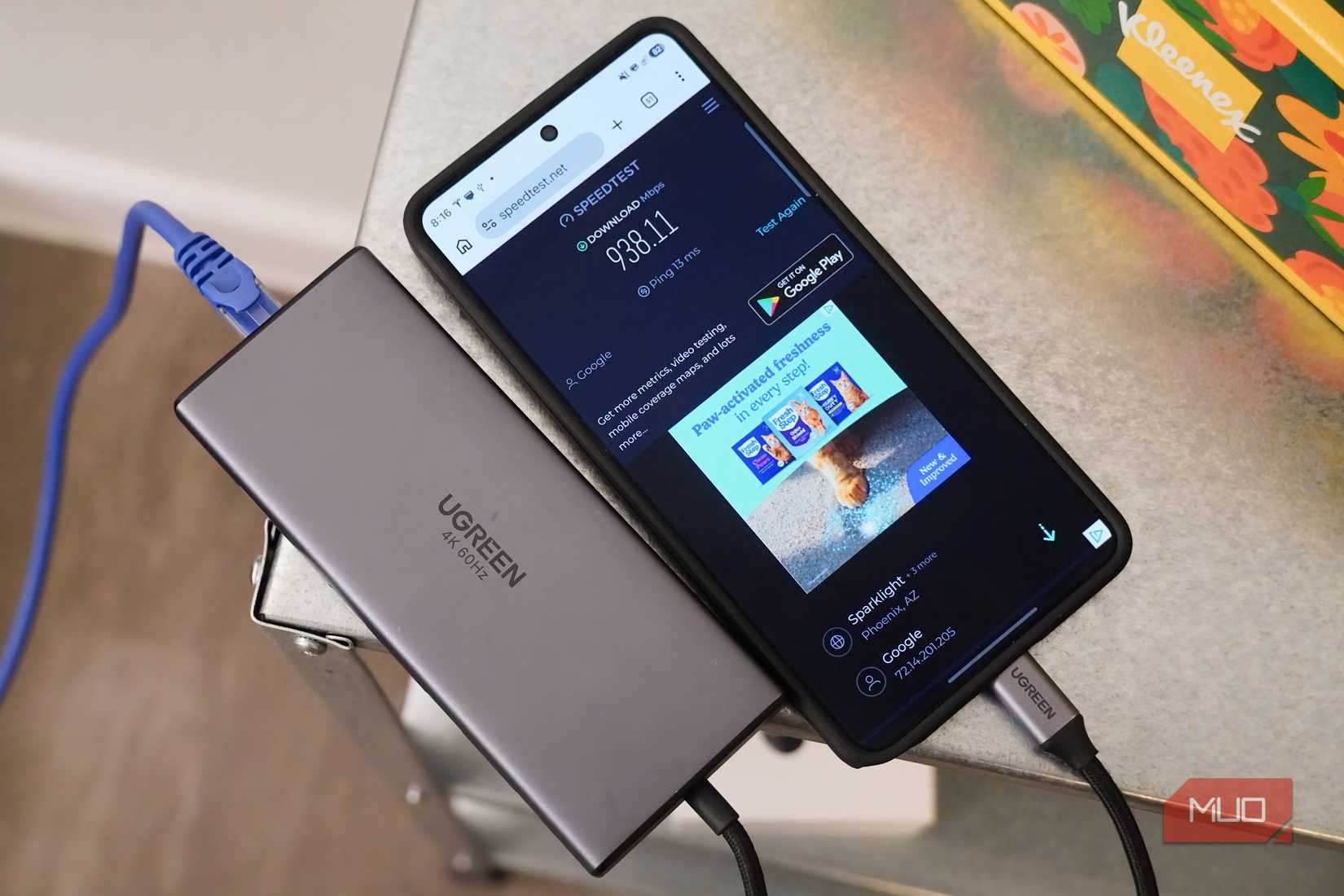 A speed test on a Galaxy S26 Ultra connected over Ethernet.