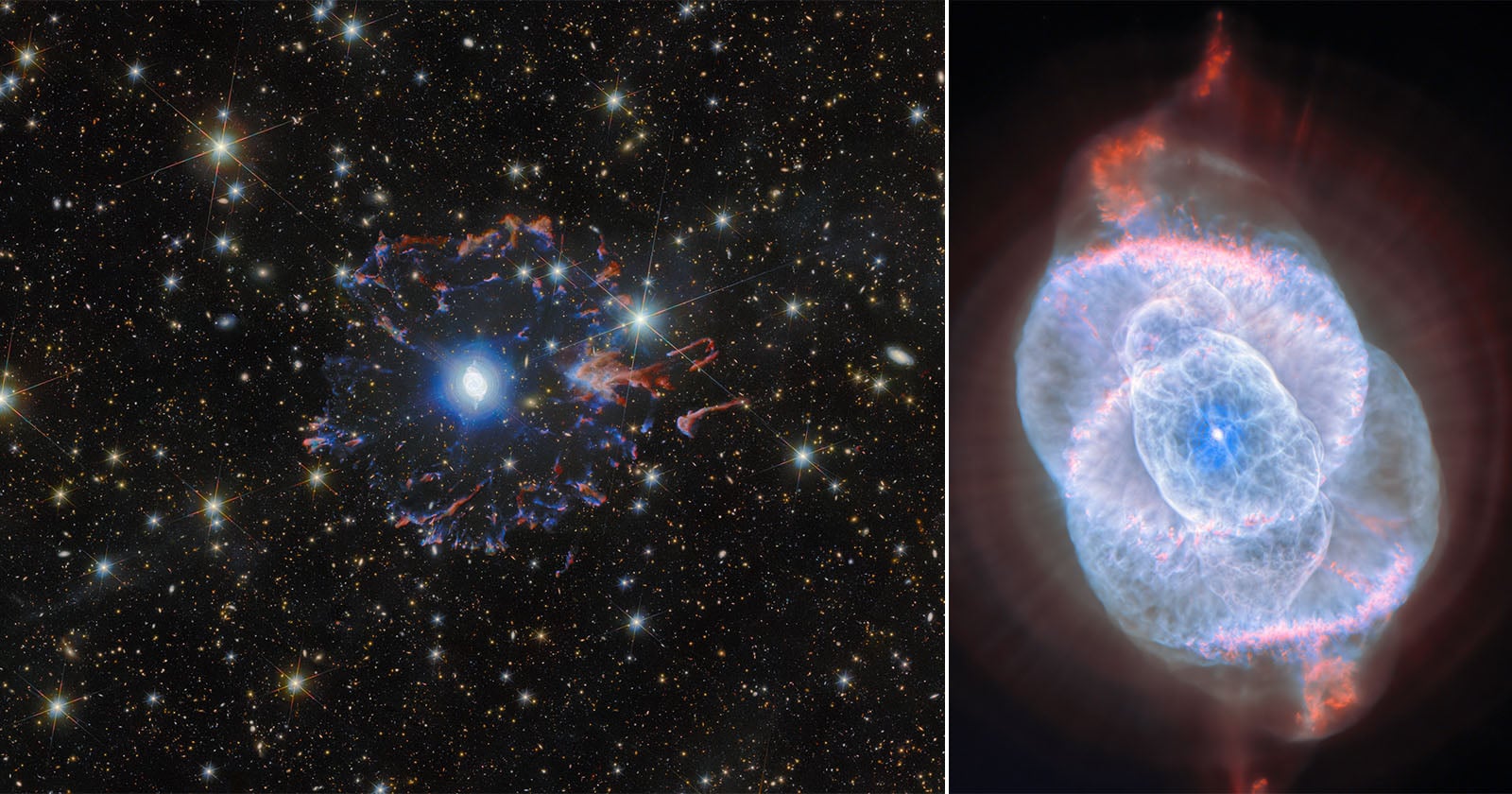 A side-by-side image: on the left, a bright star surrounded by a lacy, colorful nebula against a star field; on the right, a detailed, circular, blue and pink nebula with layered, wispy structures.