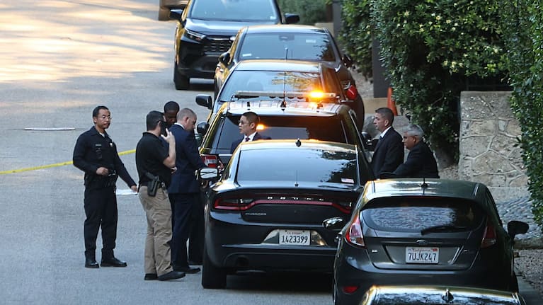 Exterior view of police outside Rihanna's Beverly Hills house after a report of gun shots fired in Los Angeles.