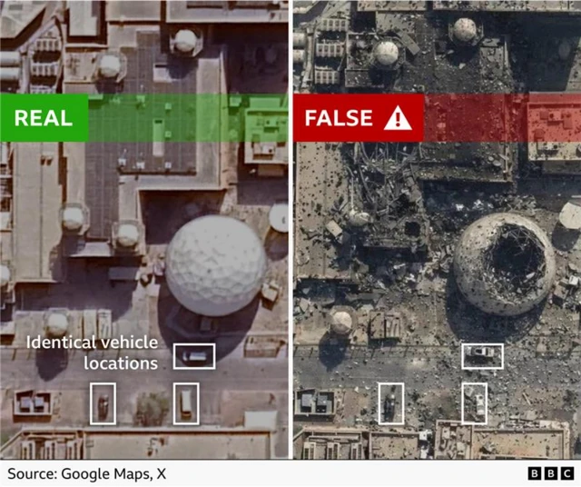 BBC Verify has annotated the original satellite image (left) and the fake version (right) showing the three parked vehicles. The roof of the building at the bottom of the image appears to have been changed in the AI version