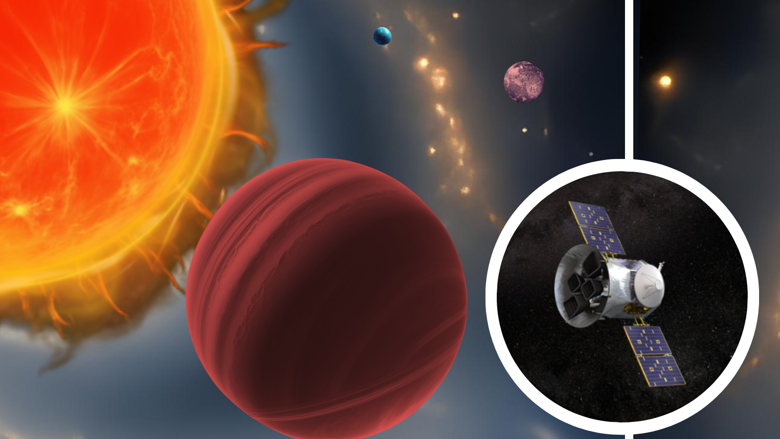 An illustration of an exoplanet next to a star. There's also a smaller world in the back. A boxout shows a spacecraft.