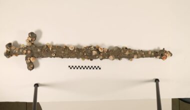 A barnacle and sand encrusted sword hangs on a white wall.