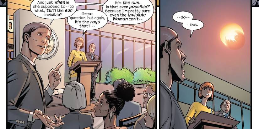 Comic book panels: Fantastic Four's Invisible Woman turns the sun invisible.