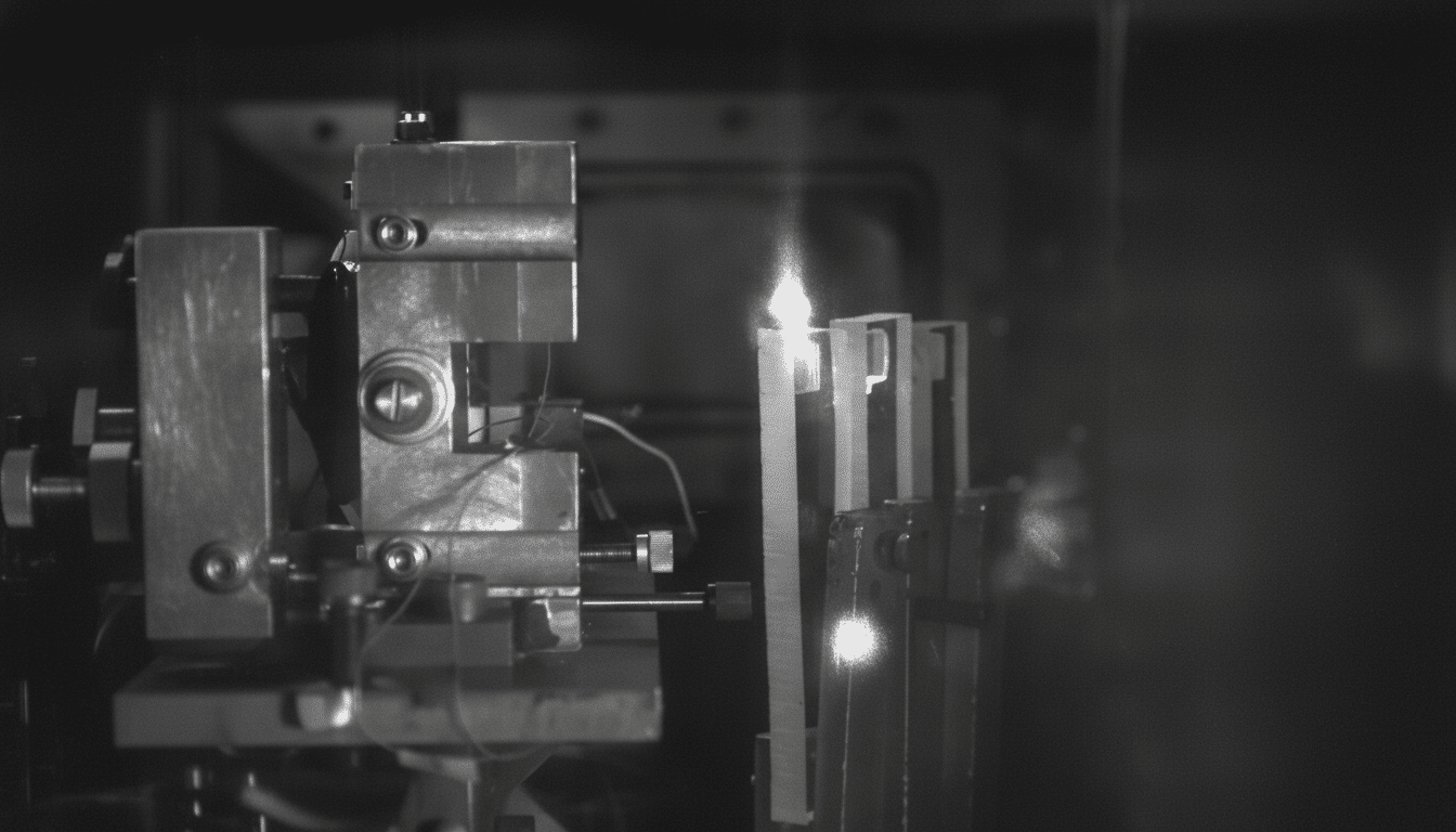 A close-up, black and white image of a scientific experiment setup, showing a bright light source in the center, possibly a flame or spark, surrounded by various metallic components and wires.