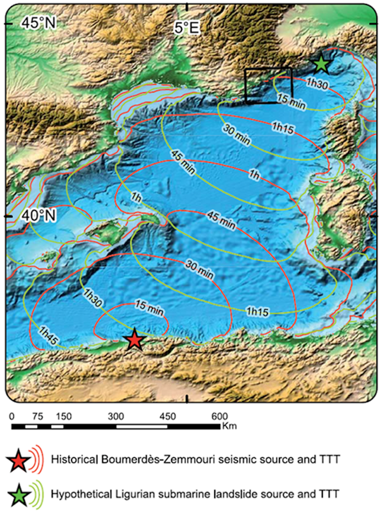 2 tsunami scenarios could impact Mediterranean coastline (red: seaquake close to Algeria’s coast, green: submarine landslide in the Ligurian sea)