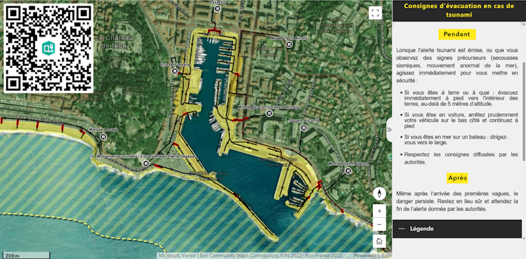Online map indicating evacuation zones, safe places and routes to get to them in the event of a tsunami in Nice