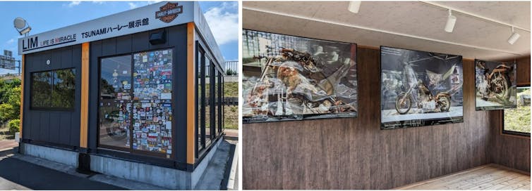 two images side by side. One shows the outside of a cube shaped kiosk. The other the inside with images of a motorcycle on the walls.