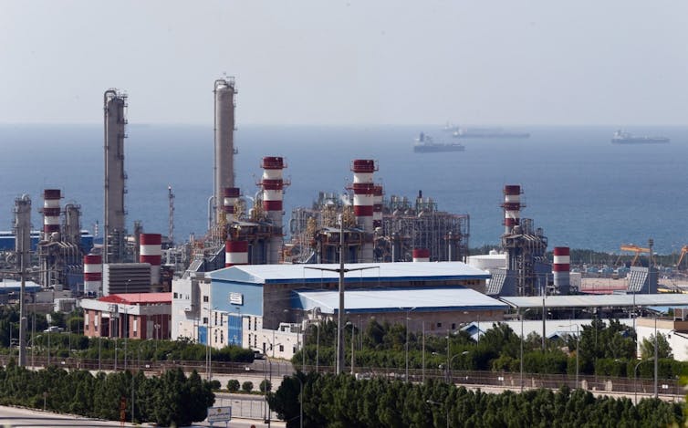 general view of Iran's South Pars gas field with the sea in the background.