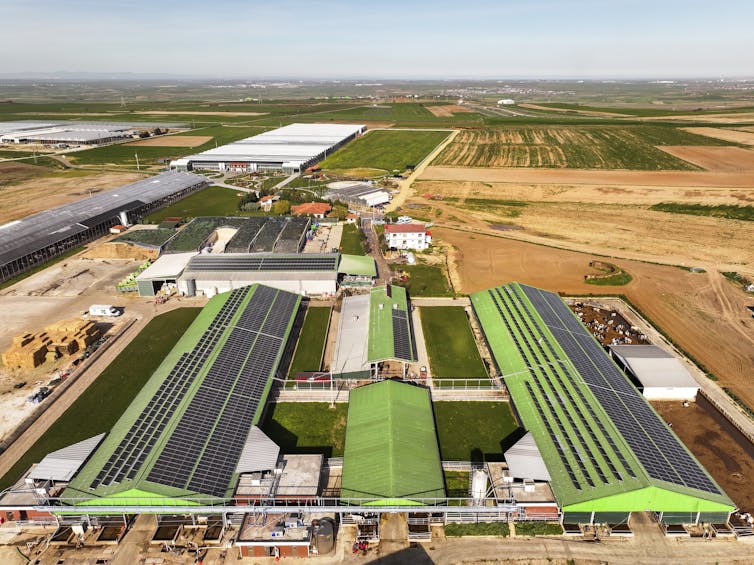 A large farm seen from the air, including a group of buildings with solar panels on their roofs.