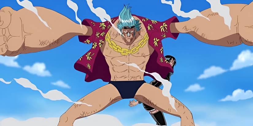Franky protecting Nico Robin in One Piece.