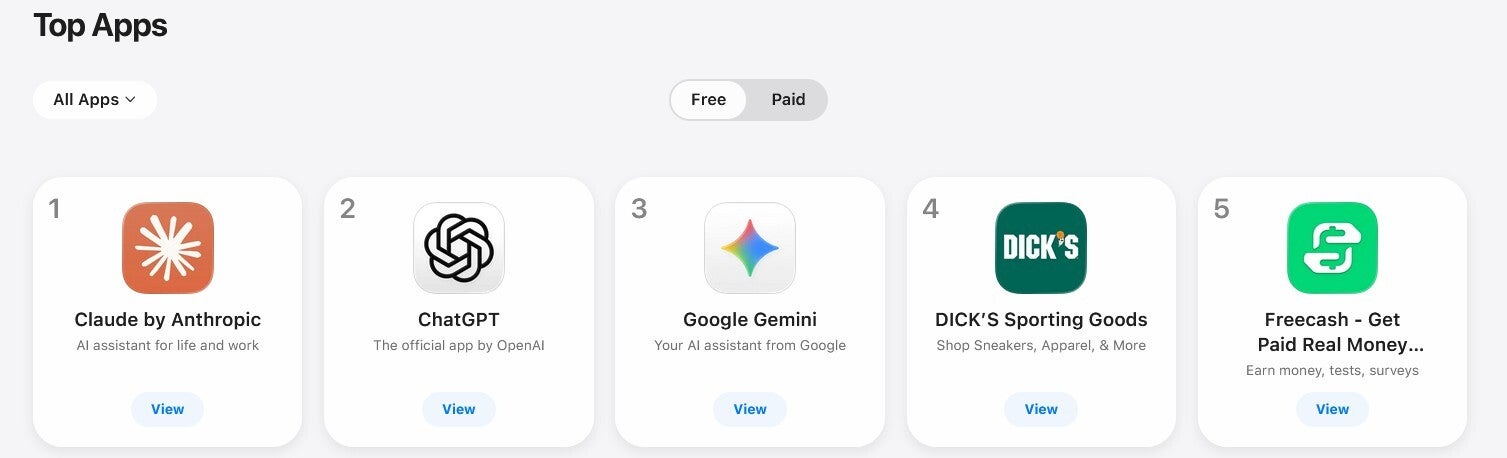 Claude is the top free app in the U.S. App Store. | Image by PhoneArena - The top free U.S. App Store app gets to number one thanks to President Trump's insults