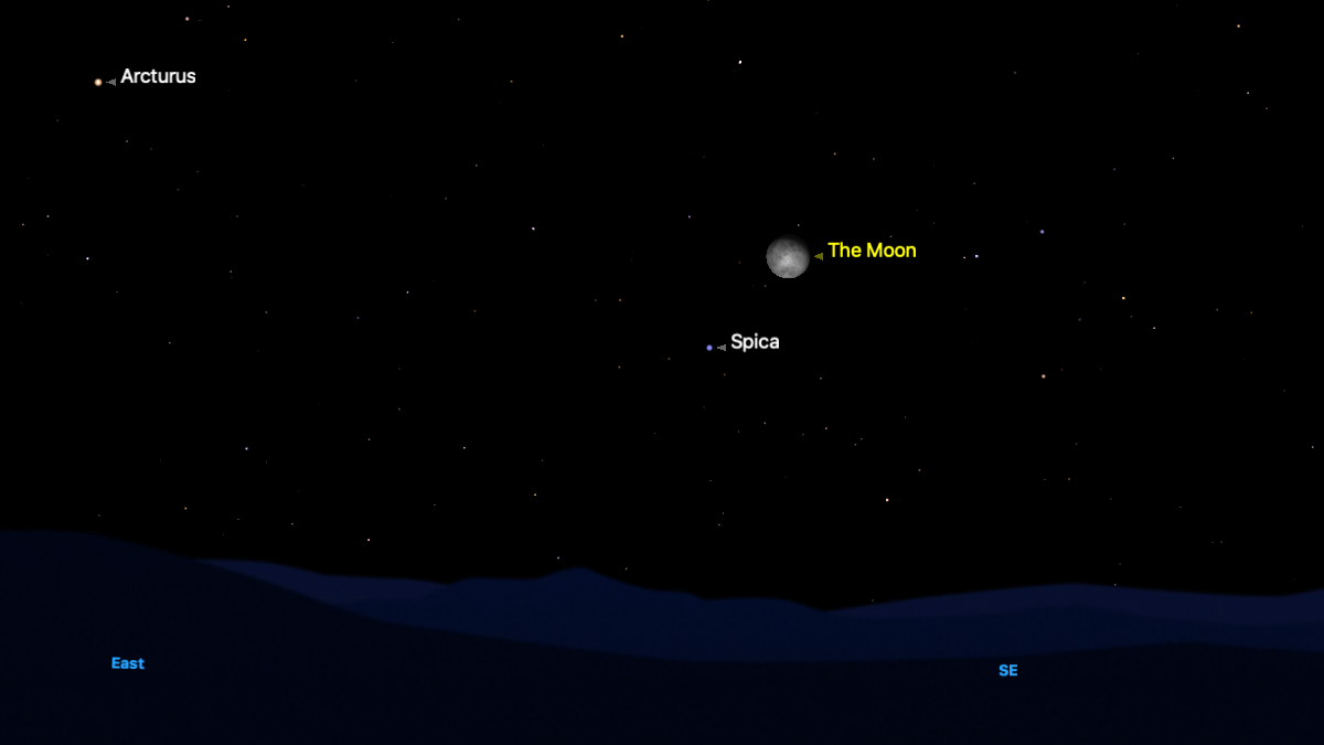 A simulation of the night sky for the early hours of March 6, showing the bright star Spica labelled to the lower left of the moon, close to the southeastern horizon.