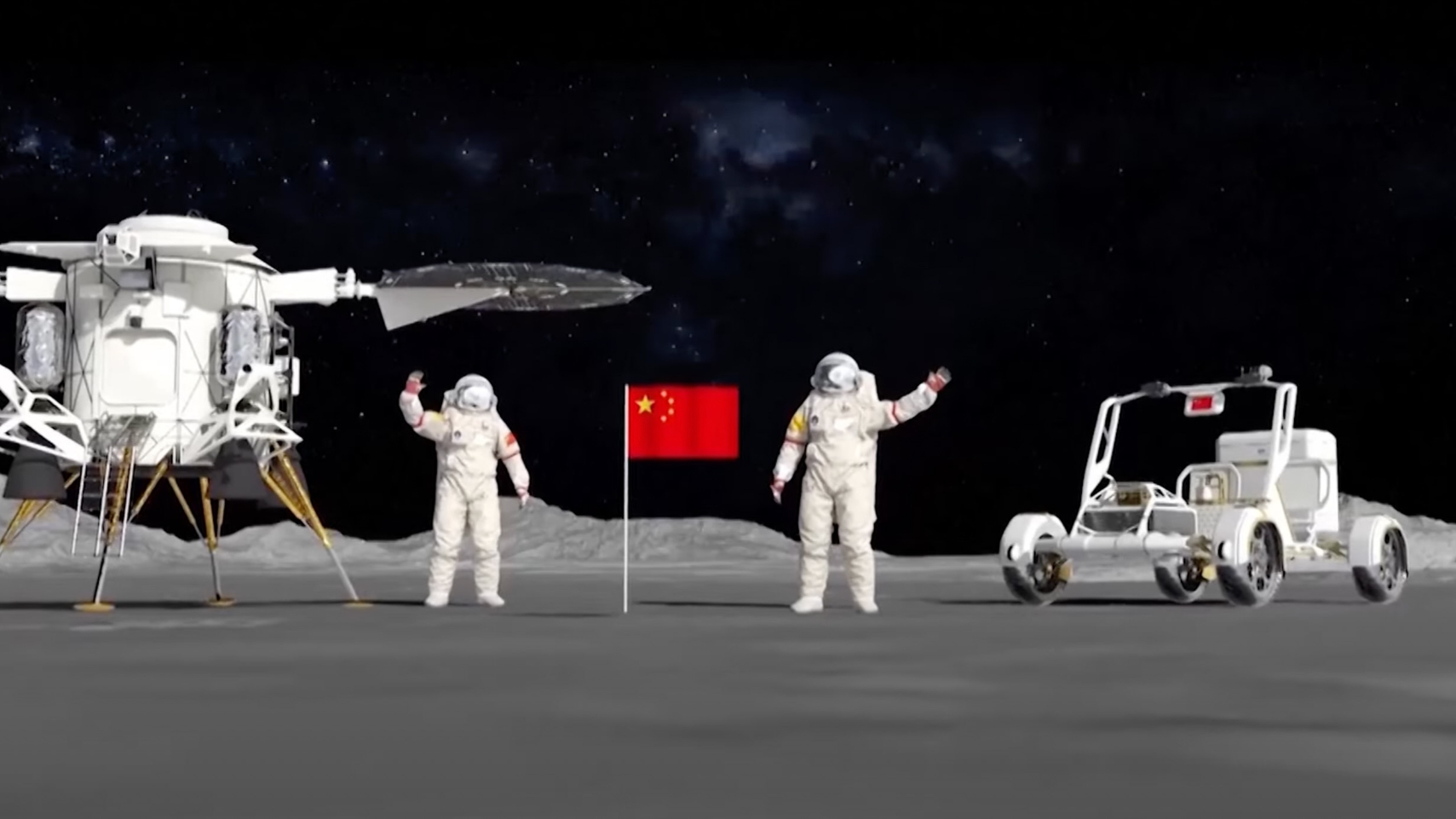 Two astronauts in white spacesuits stand on either side of a red flag, standing in the center on the moon's surface. On the left, a moon lander with two circular solar panels. On the right, a moon rover.