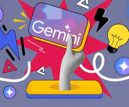 Hand coming out of a phone holding a Gemini card, with icons of lightning, sparkles, and a light bulb around it