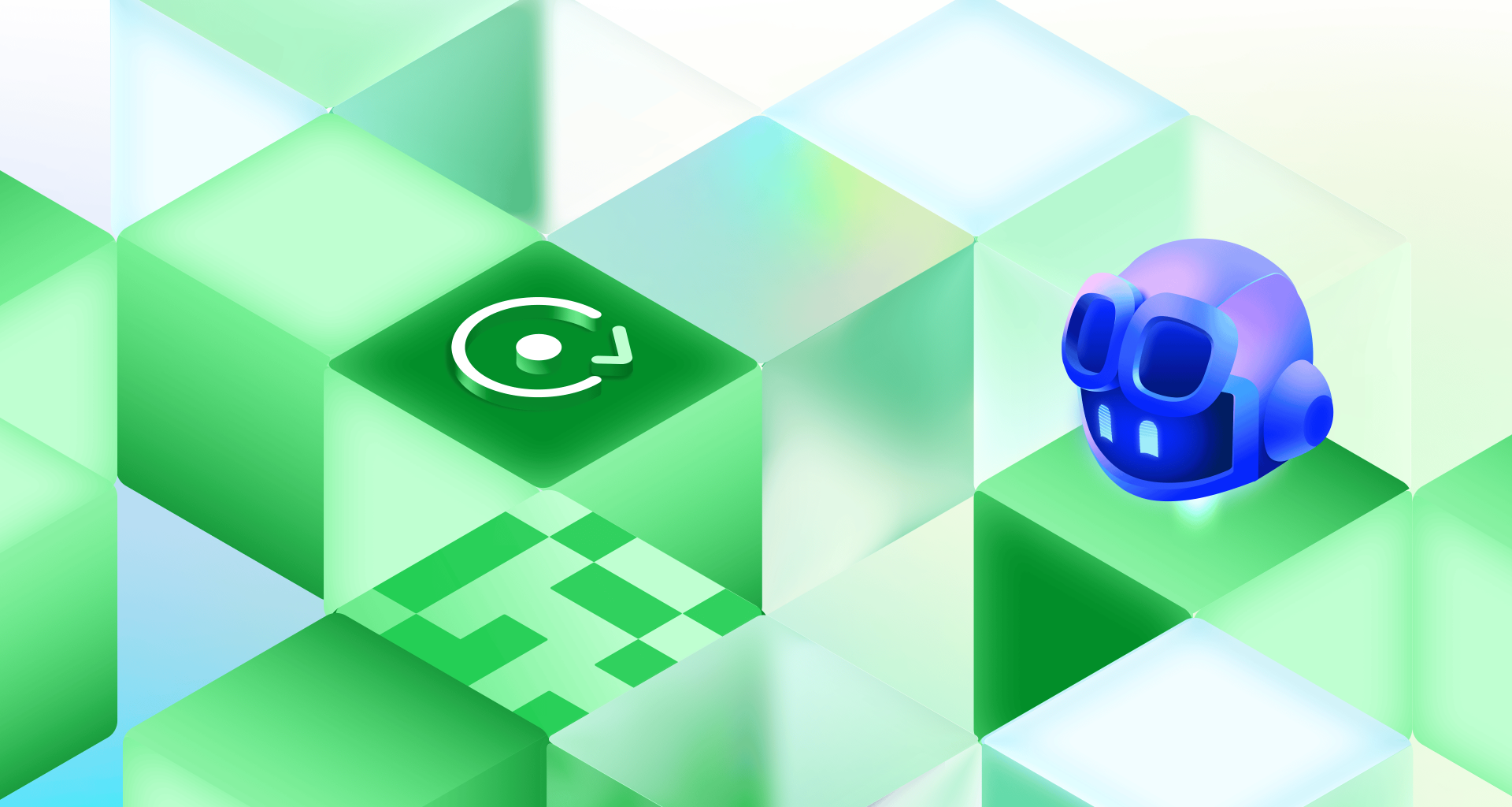 Copilot appears among floating cubes alongside a refresh icon, suggesting an update or automated workflow theme.