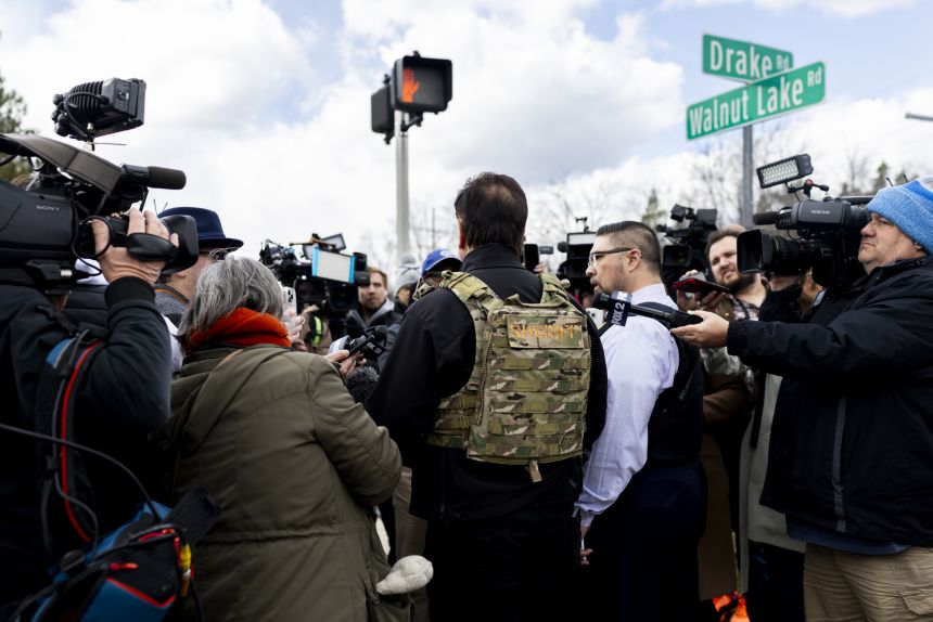 Oakland County Sheriff Mike Bouchard addresses media as law enforcement respond near Temple Israel following reports of an active shooter in West Bloomfield, Michigan, on March 12, 2026.