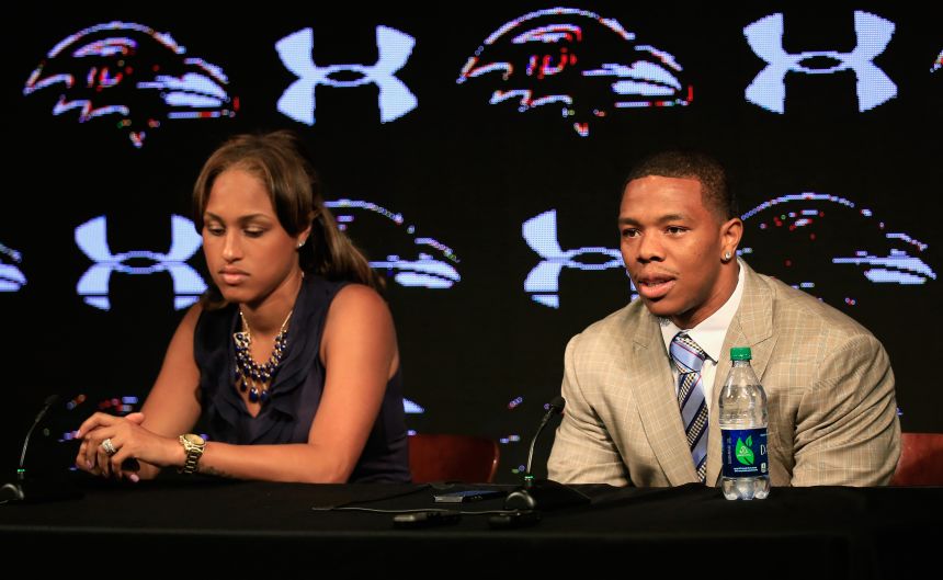 Ray Rice of the Baltimore Ravens sitting alongside his wife Janay addressing the February incident caught on video.