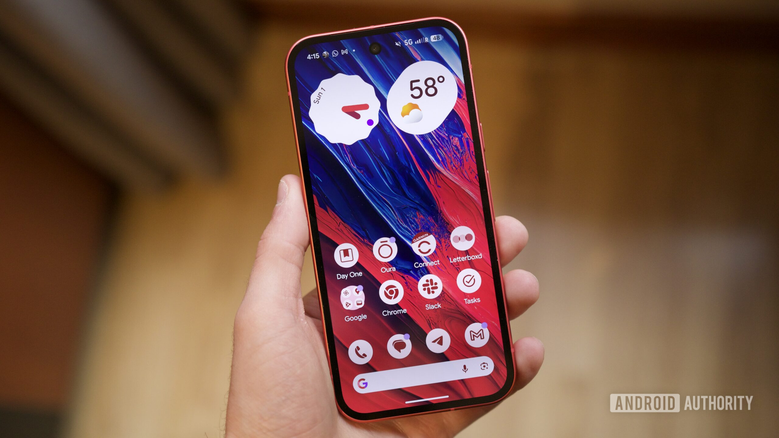 The Google Pixel 10a with its screen on.