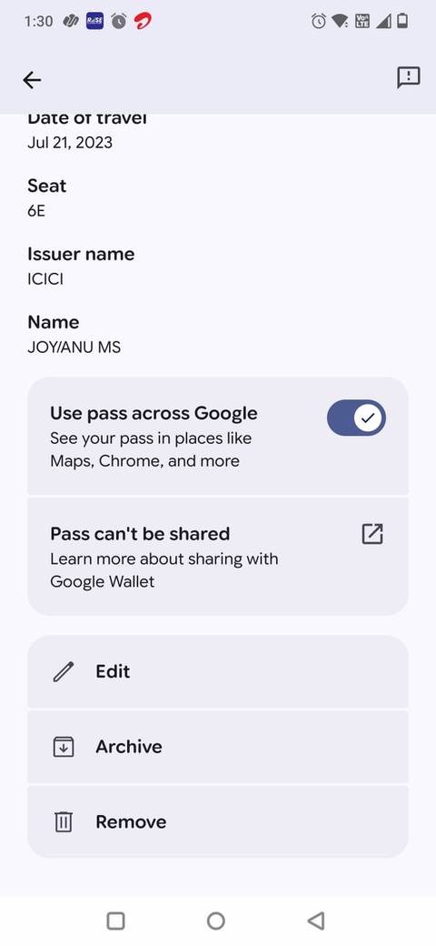Screenshot showing how to remove a pass in Google Wallet