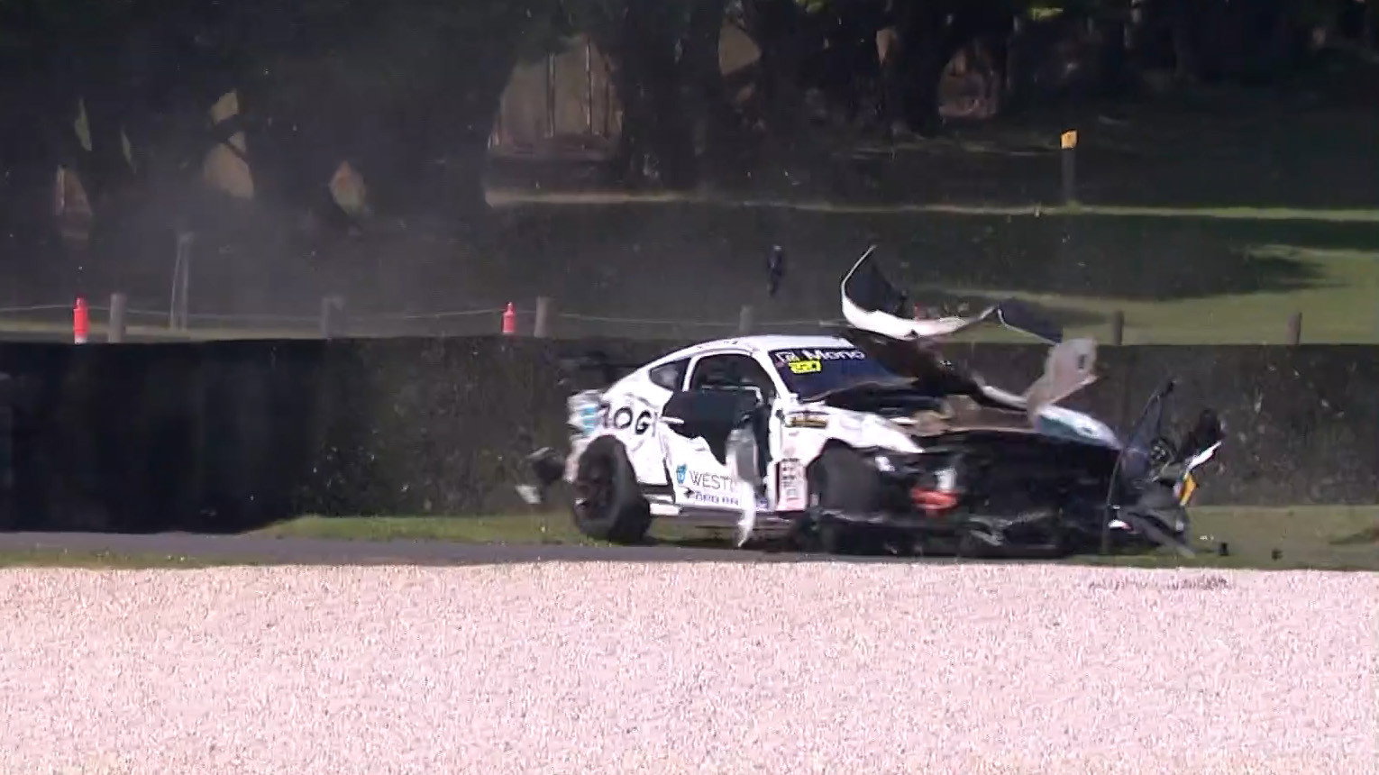 GT4 podium fight marred by massive Mustang crash