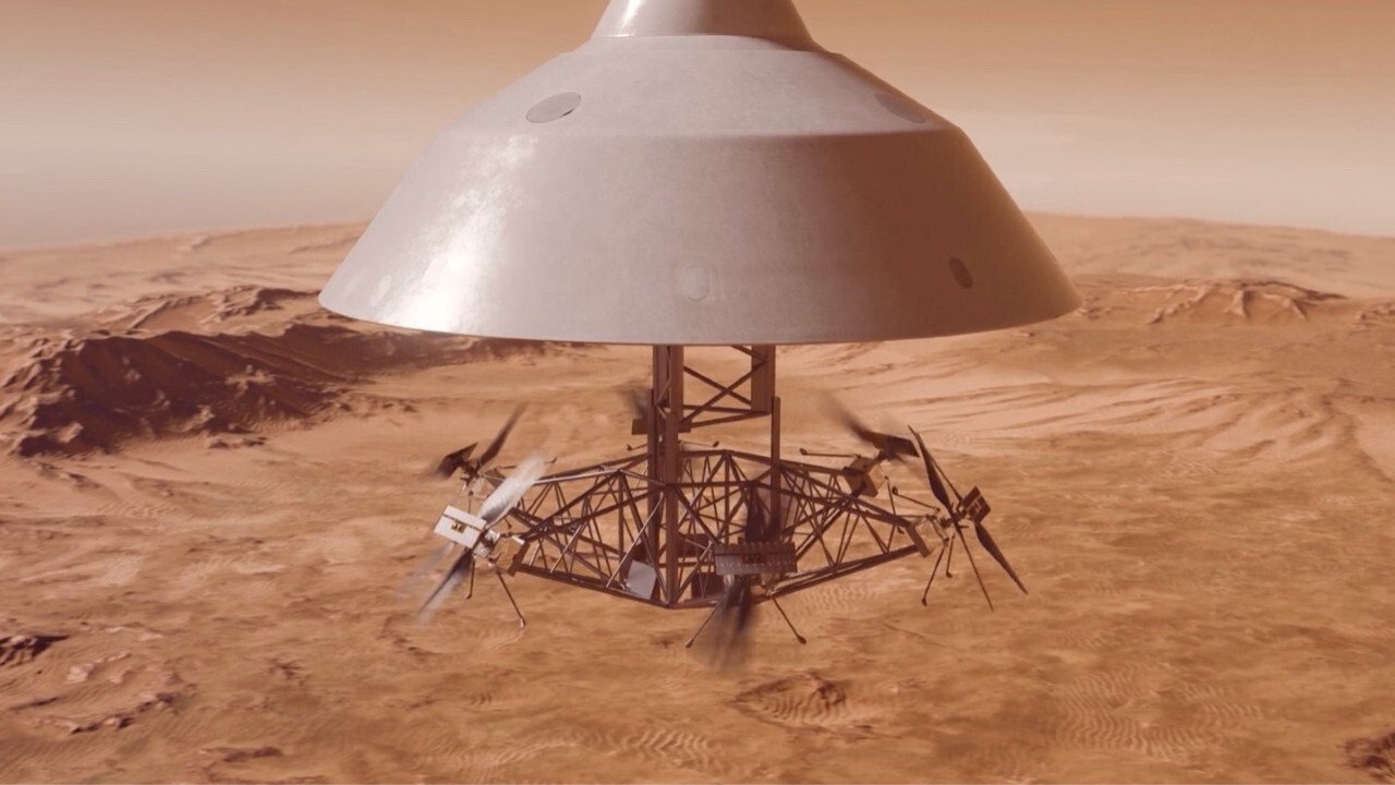 An illustration showing a helicopter landing on Mars