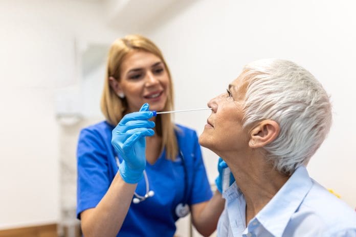 Nurse Taking Nasal Swab Test from Senior Woman in Clinic. Healthcare And Medicine concept. Professional doctor in blue gloves performing covid-19 or flu diagnostic procedure for elderly patient.