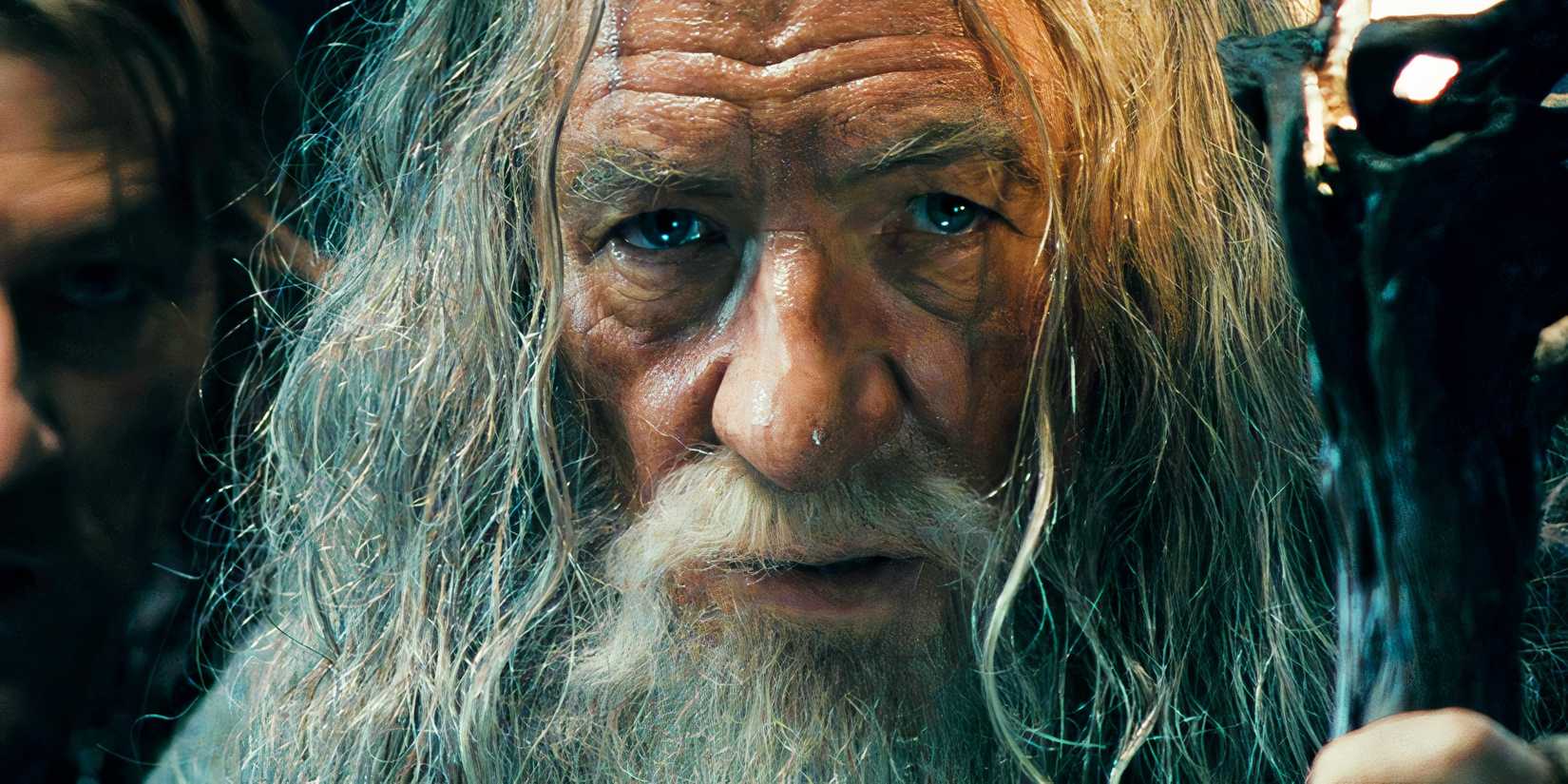 Close-up of Ian McKellen looking serious as Gandalf in The Lord of the Rings The Fellowship of the Ring