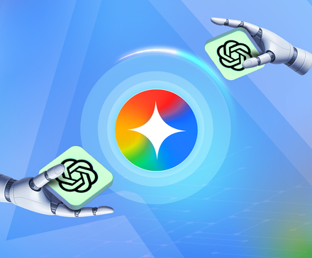 Illustration showing two robotic hands holding ChatGPT logo towards a central glowing Google Gemini icon.