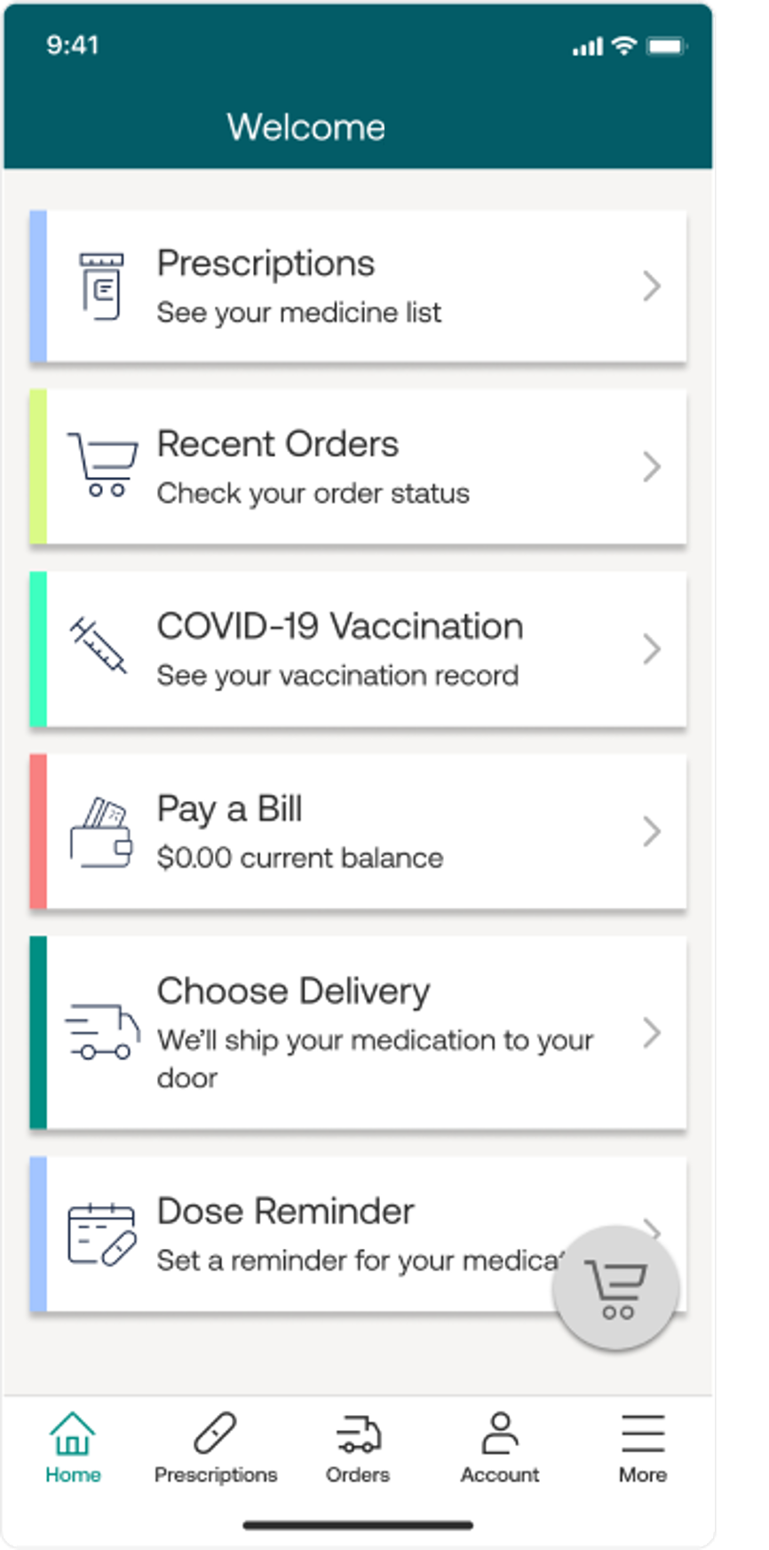 Express Scripts Mobile App home screen: "Welcome; Prescriptions; See your medicine list; Recent Orders; Check your order status; COVID-19 Vaccination; See your vaccination record; Pay a Bill; $0.00 current balance; Choose Delivery; We'll ship your medication to your door; Dose Reminder; Set a reminder for your medication;"
