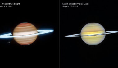 These Webb (left) and Hubble (right) images reveal Saturn in infrared and visible light. Image credit: NASA / ESA / CSA / STScI / A. Simon, NASA-GSFC / M. Wong, University of California / J. DePasquale, STScI.