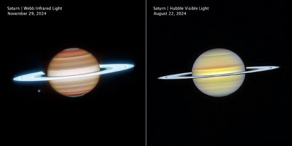 These Webb (left) and Hubble (right) images reveal Saturn in infrared and visible light. Image credit: NASA / ESA / CSA / STScI / A. Simon, NASA-GSFC / M. Wong, University of California / J. DePasquale, STScI.