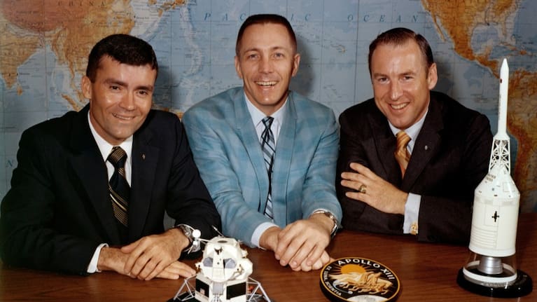 In this April 10, 1970, photo made available by NASA, Apollo 13 astronauts, from left, Fred Haise, Jack Swigert and Jim Lovell, gather for a photo.