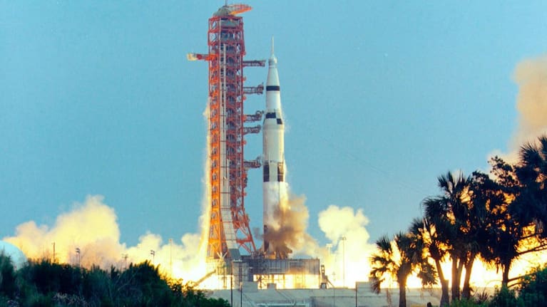 In this April 11, 1970, photo made available by NASA, the Saturn V rocket carrying the crew of the Apollo 13 mission to the moon launches from the Kennedy Space Centre.